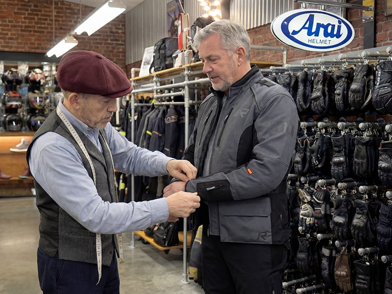 Chris fitting guy in Motolegends shop for Rukka Air Vihti jacket
